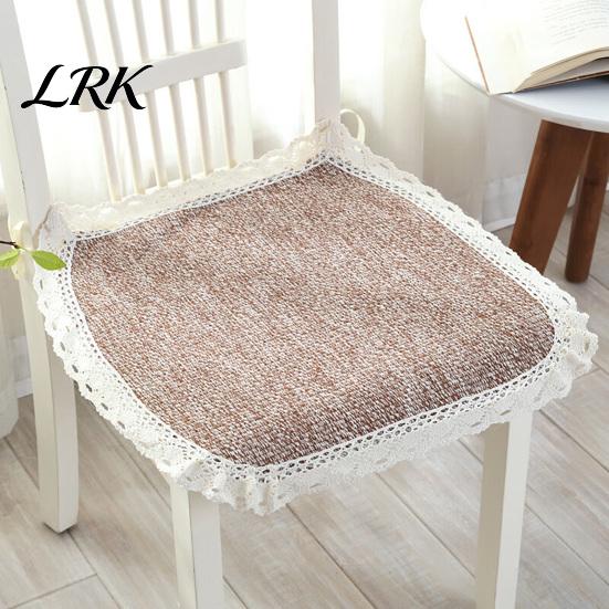 Cotton Linen Pads for Hard Chairs Chair Pad with Ties, Striped Plaid Mat Lightweight Seat Mats Lace Trim, Breathable Dining Office