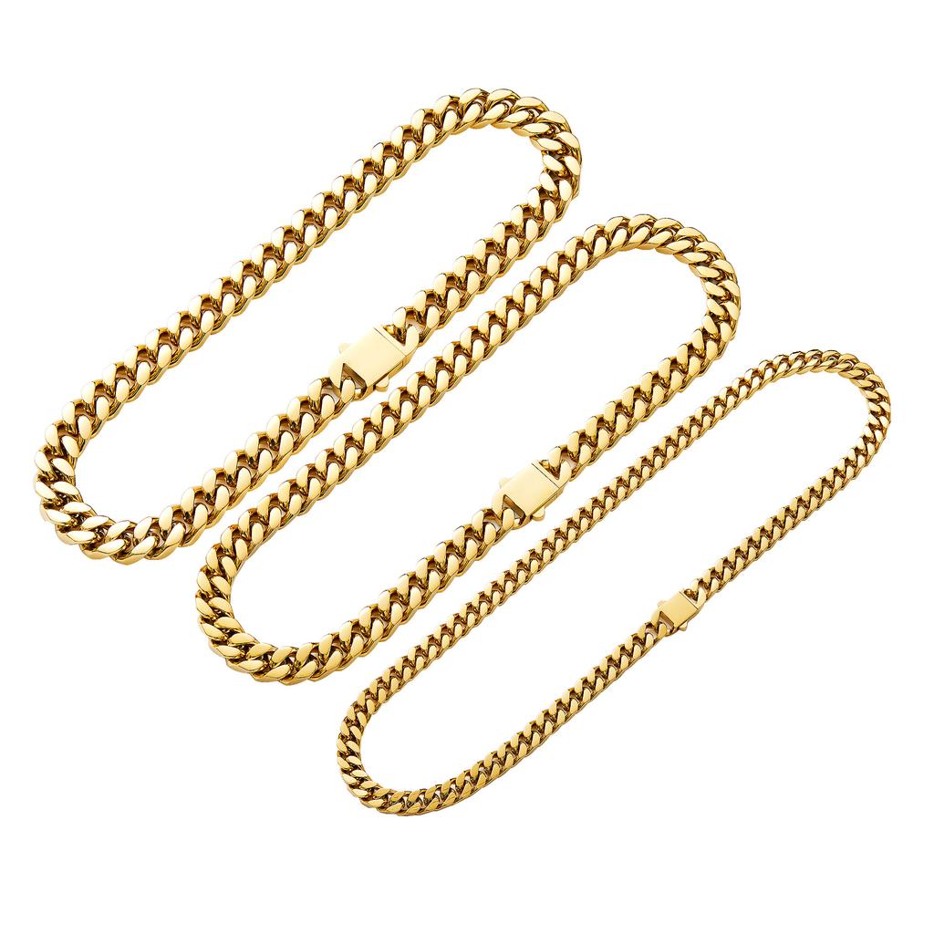 Real 18K Gold PVD Stainless Steel Cuban Necklace Bracelet Custom Logo 5MM-15MM Monaco Necklace Miami Cuban Chains for Men