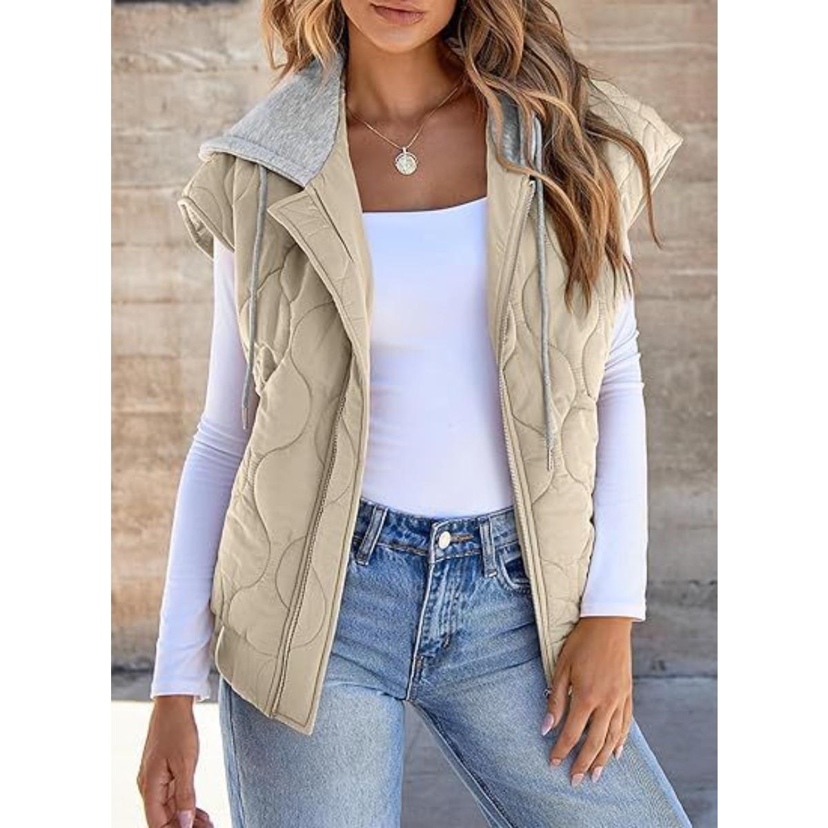 

2025 New Arrival Women s Color Block Sleeveless Jacket Autumn Casual Drawstring Hooded Vest Ladies Fashion Outerwear M абрикосовий