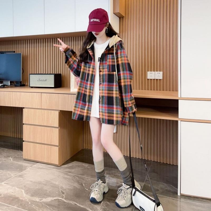 Autumn Winter Vintage Plaid Printing Patchwork Hooded Shirt Women Long Sleeve Loose Casual Cardigan Blouse Top