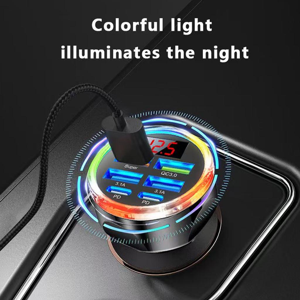 UYUXIO Multi Port USB C Car Charger Adapter 6 In 1 with Voltage Display Fast Charge with Volt Meter for iPhone 17 16 Samsung