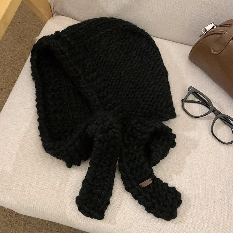 Blue knitted balaclava hat women's autumn and winter warm big head circumference wool hat scarf integrated Lei Feng hat