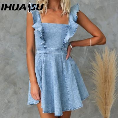 Women's Summer Fashion Casual Fly Sleeve Backless Denim Dress