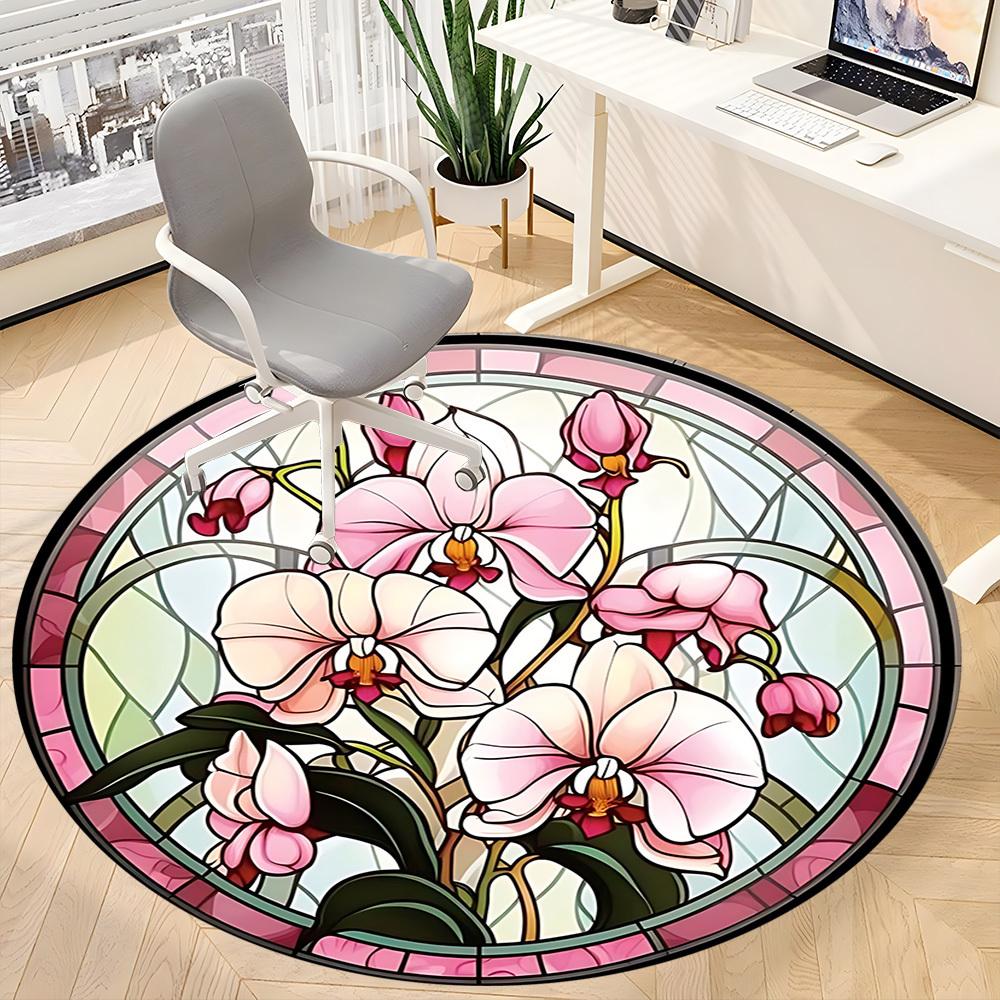 1pc Orchid Stained Glass Office Round Rug, Carpet for Office, Gaming, Lightweight Round Floor Mat yy260205018