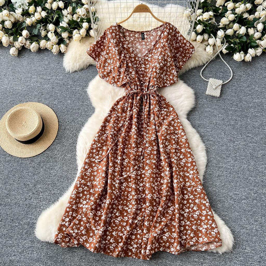 Tea break retro floral skirt summer strap waist V-neck lotus leaf sleeve slimming temperament knee dress