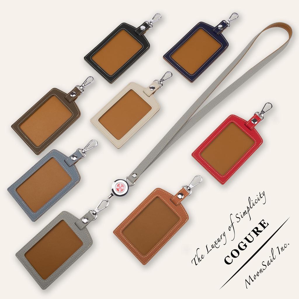 [COGURE] Cogure ID Card Case, ID Card Holder, Leather, Vertical, Pass Case, Name Tag, Neck Strap, Commuter Pass Case, Leather, with Retractable Reel,
