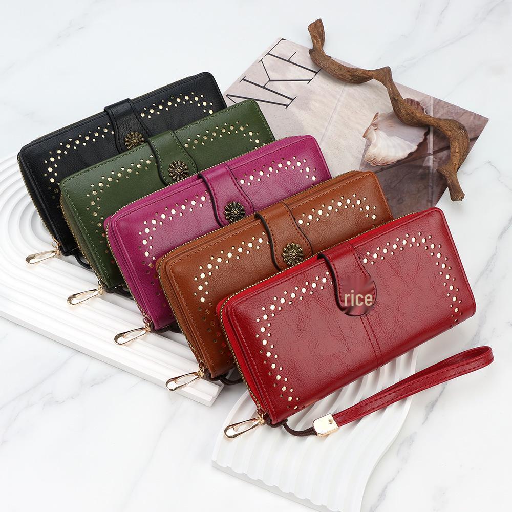 Women's Oil Wax Leather Zip Wallet with Hollow Pattern and Card Holder