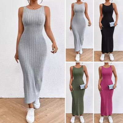 Sommerkleid für Damen, rückenfrei, schmal, ärmellos, einfarbig, elastisch, gestreift, Etuikleid, schmale Taille, O-Ausschnitt, gestrickt, Maxikleid, langes Urlaubskleid