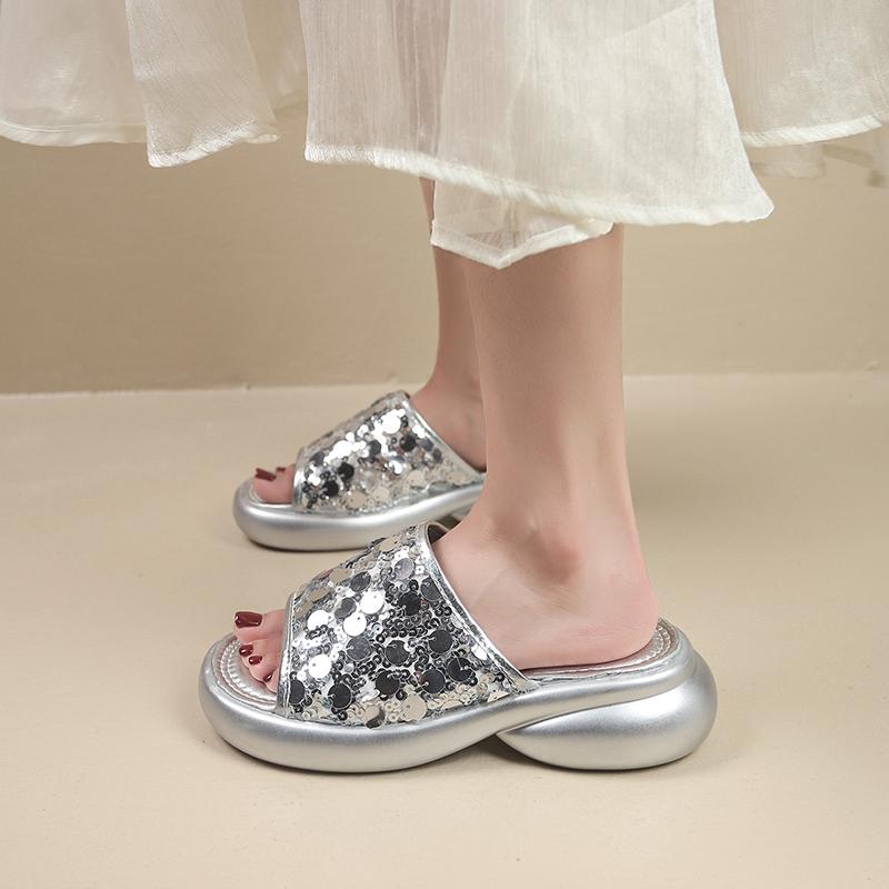 Soft Sole Boost Platform Slippers Summer Fashion Outer Wear Round Toe Open Toe Sequin Platform Slip Sandals