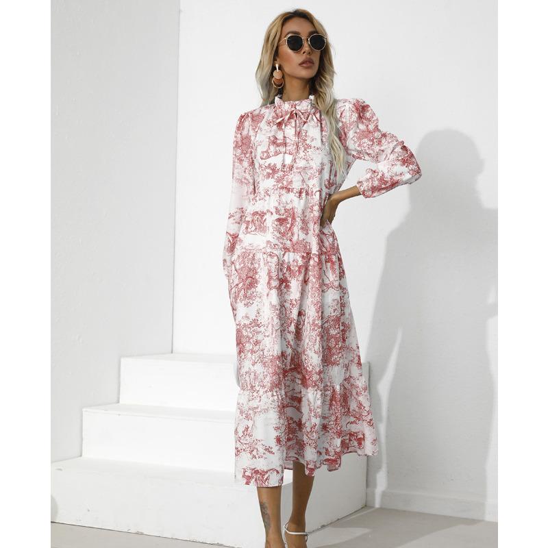 Women's Crew Neck Printed Loose Nine-Sleeve Dress