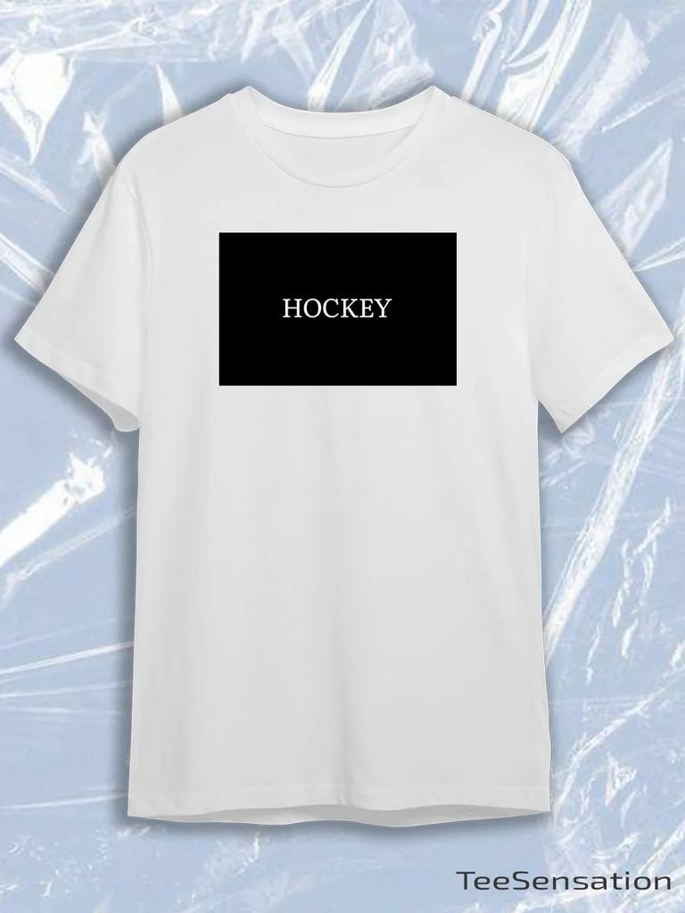 TeeSensation White Crew Neck Short Sleeve T-Shirt with Black Rectangle White HOCKEY Text