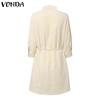 VONDA Women Casual Turn Down Collar Long Sleeve Front Cross Shirt Dress
