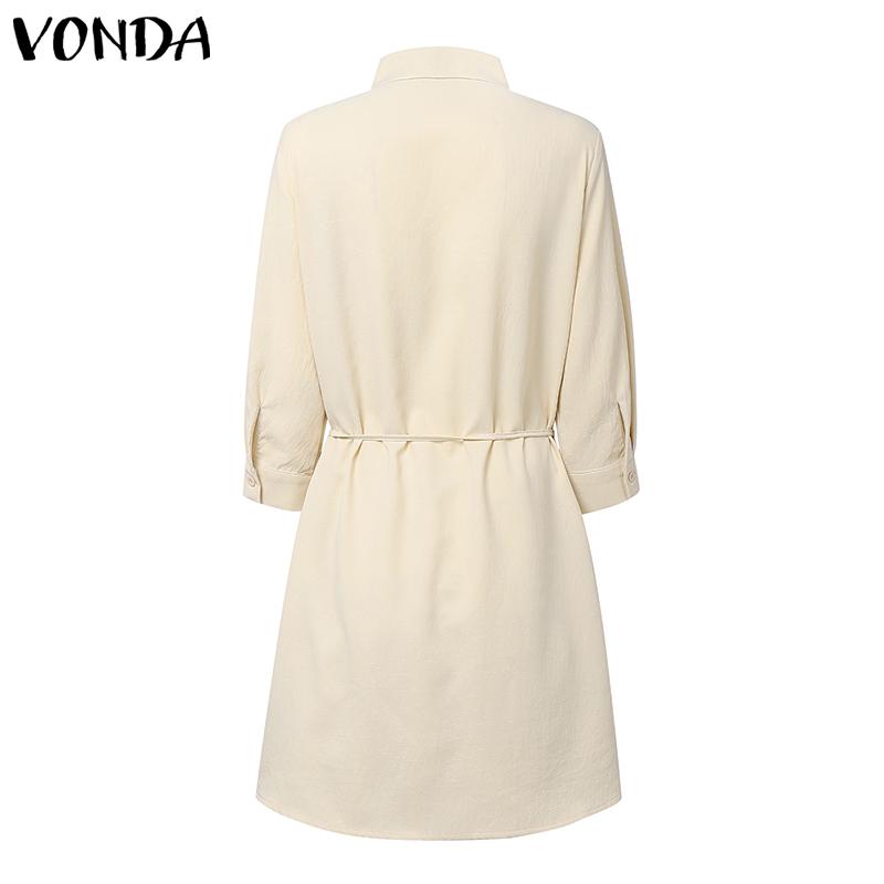 VONDA Women Casual Turn Down Collar Long Sleeve Front Cross Shirt Dress