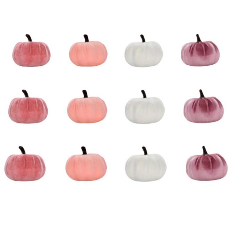 12pcs/set Velvet Plush Pumpkin Set Pink Simulated Decor for Halloween Christmas Velour Decorative Models Decorative Supplies