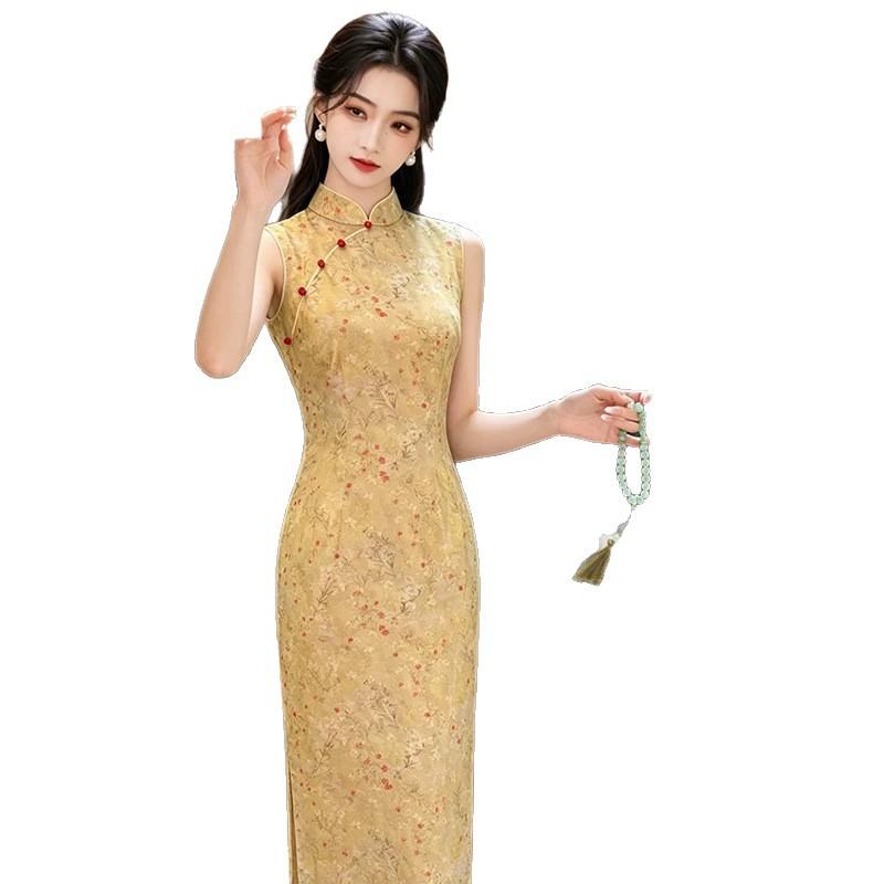 1011 yellow floating brocade cheongsam spring new improved national style elegant temperament printing daily wear girl