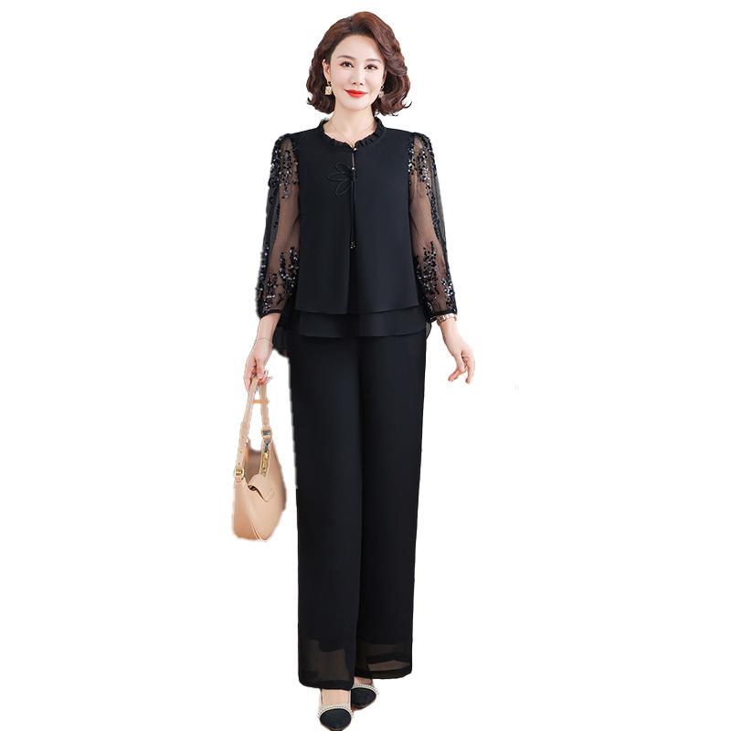 Women's 2025 Stylish Spring Suit: Gauze Sleeve Blouse & Two-Piece Set for Middle-Aged & Elderly