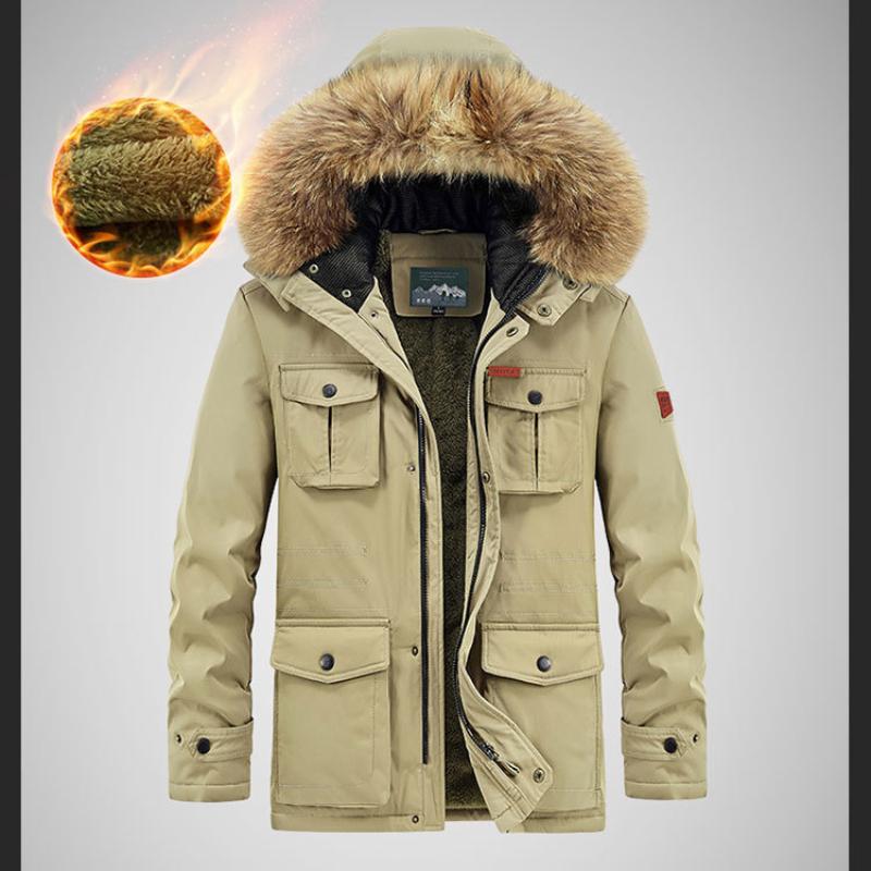 Men's Mid-Length Winter Fleece-Lined Hooded Warm Coat Youth Casual Multi-Pocket Thickened Coat
