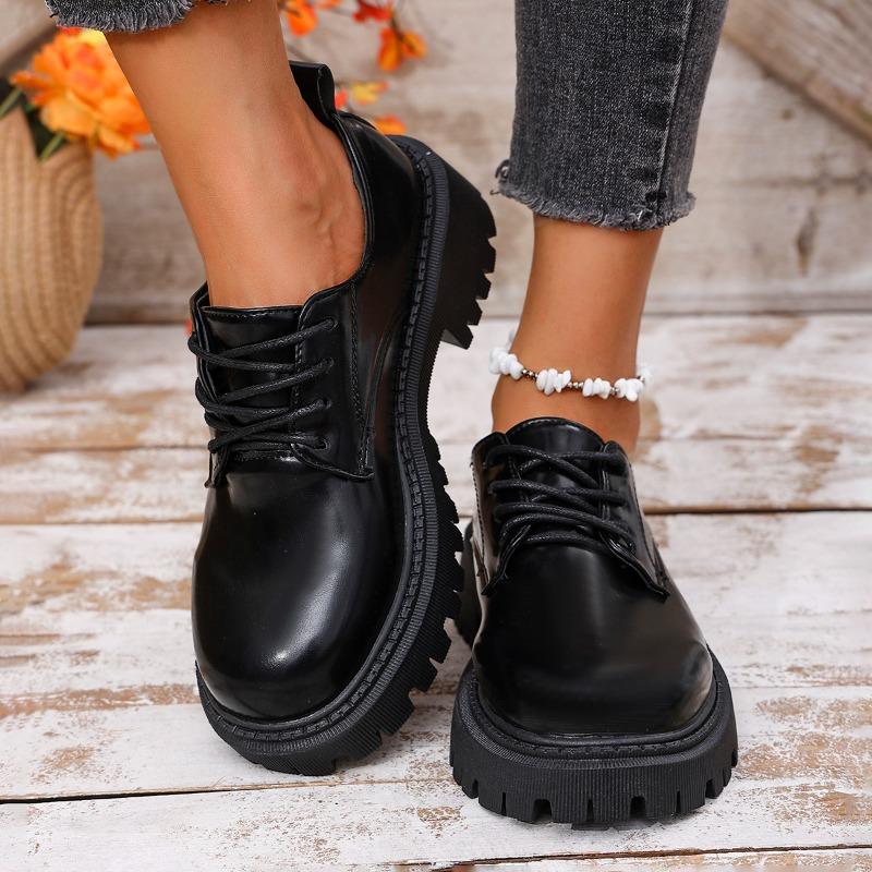 Women's Single Shoes with Heels Round Toe Platform Sole Square Heel Lace-up Shoes Leisure All-match British Style Women Shoes