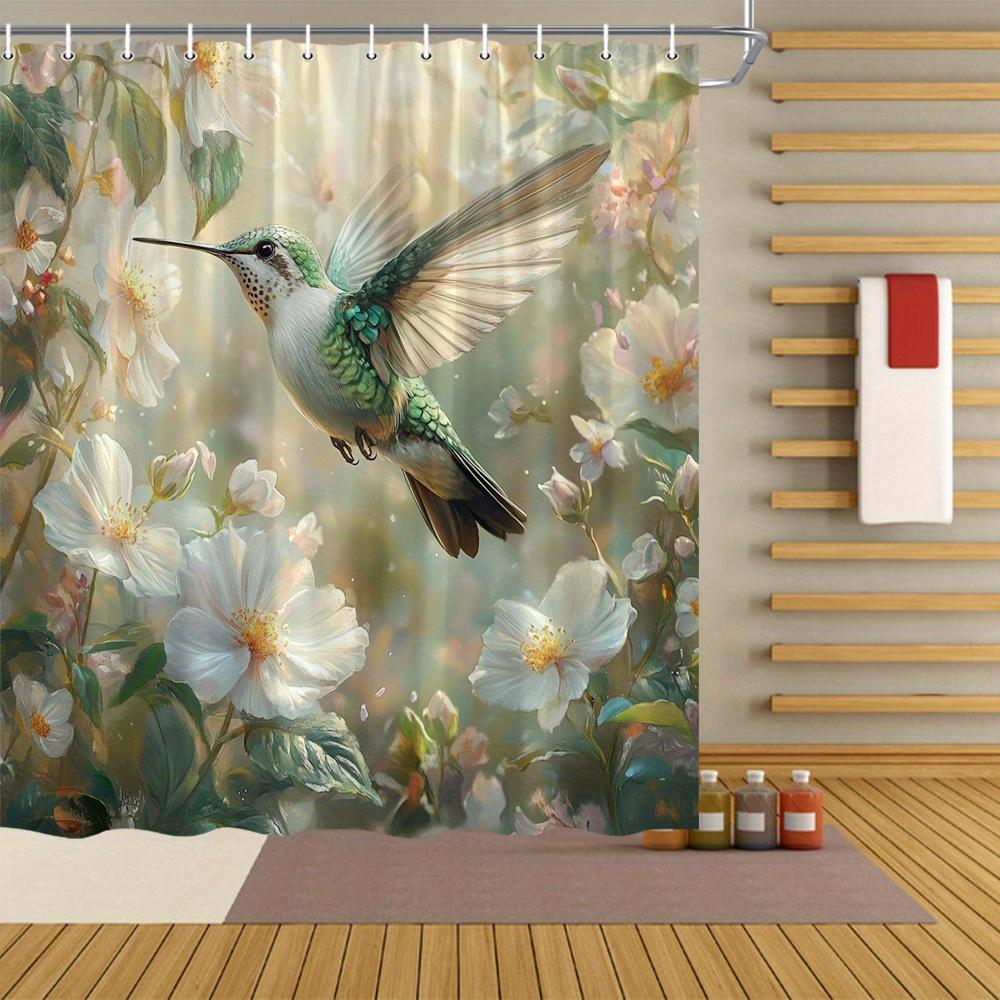 Tranquil Pastel Hummingbird And White Flower Shower Curtain Including 12 Hooks Machine Washable Bathroom Decor For Nature Lovers