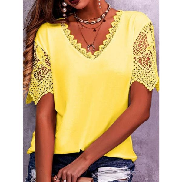 Women's T-shirt Hot Product Lace Stitching Loose V-neck Short-sleeved T-shirt