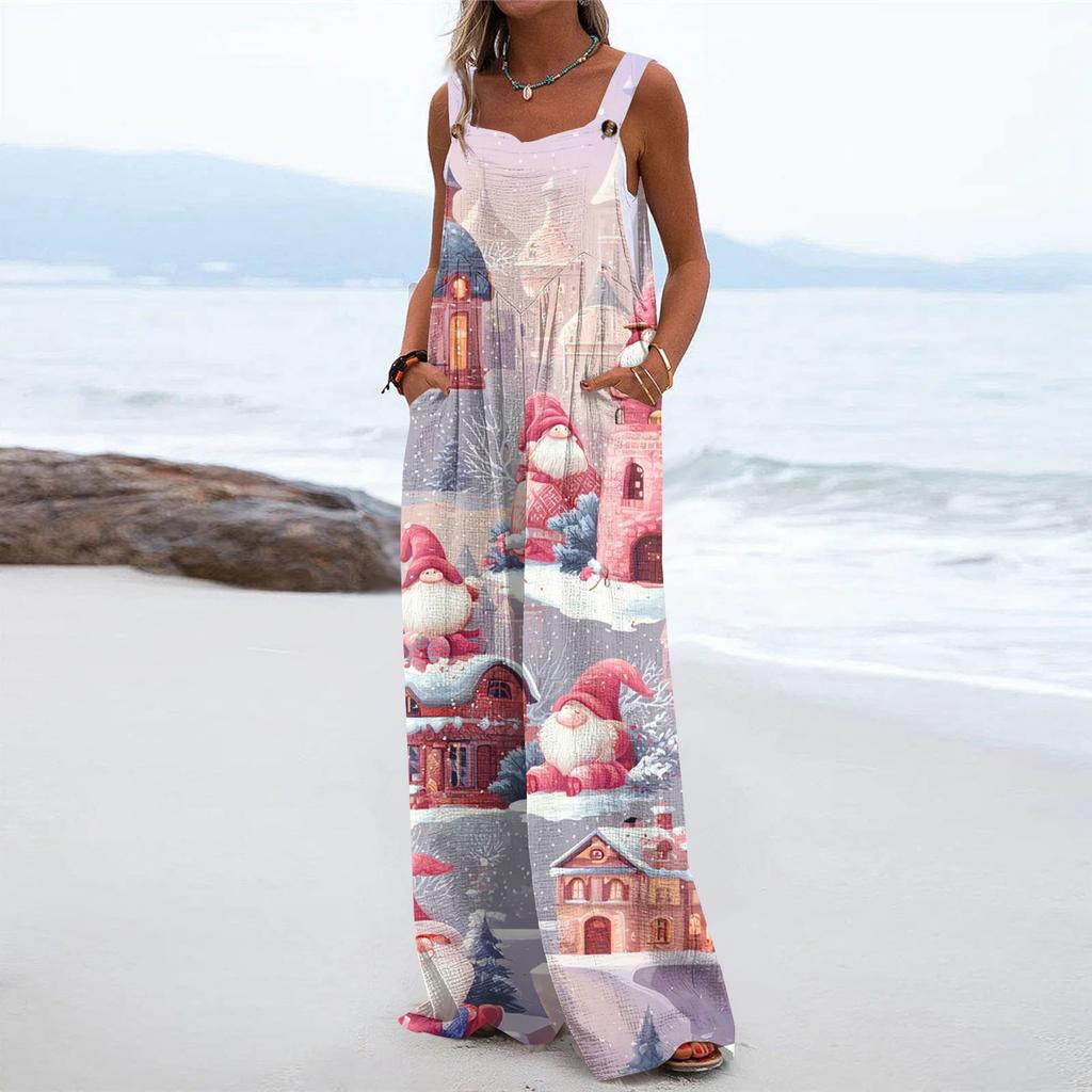 Women's Christmas Print Solid Wide Leg Strapless Tank Pocket Casual Onesie