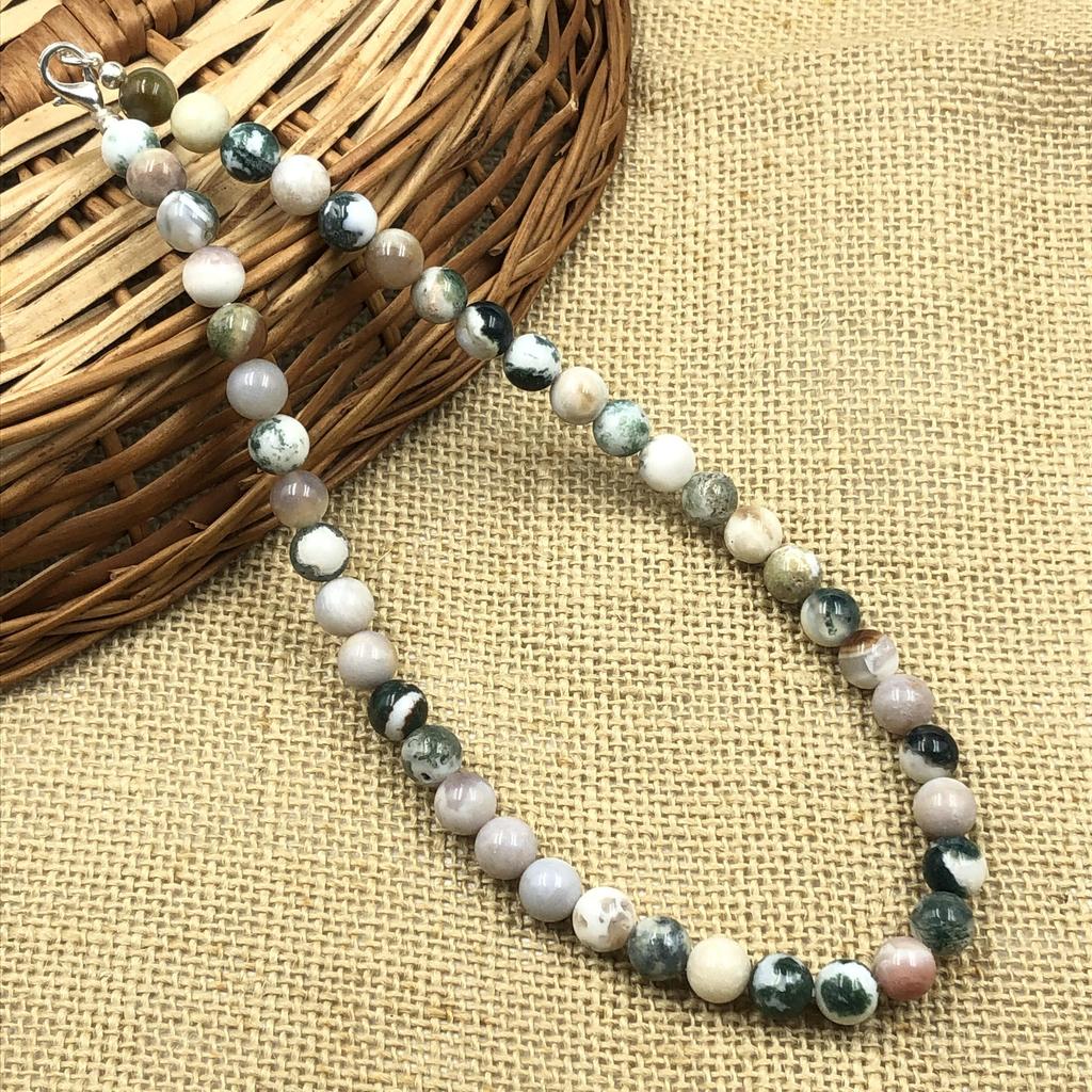 8mm Natural Tree Agate B Gemstone Round Beads Jewelry Handmade Beads Adjustable Necklace 17-21" For Birthday 8BN-23
