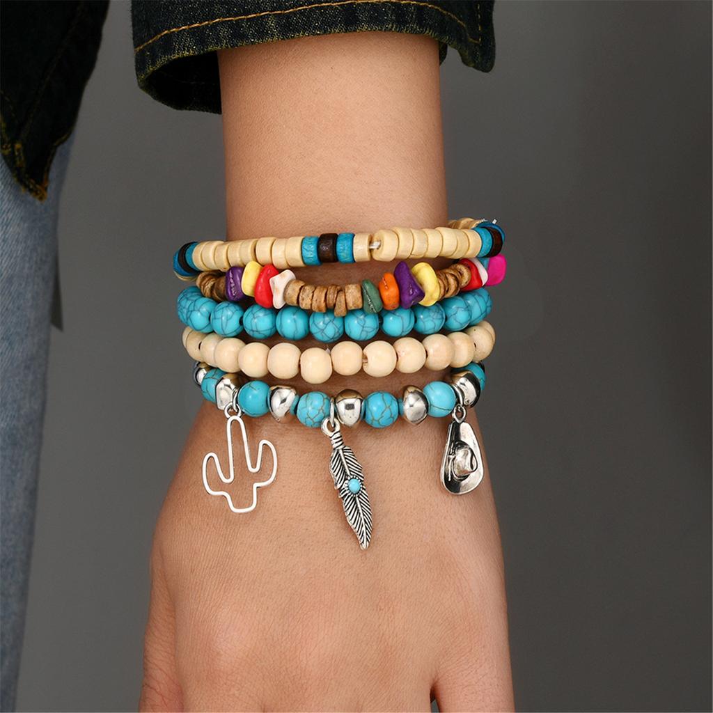 Lightweight Wooden Bead And Turquoise Handmade Bracelet For Casual Wear Bohemian Accessory for Women Girls