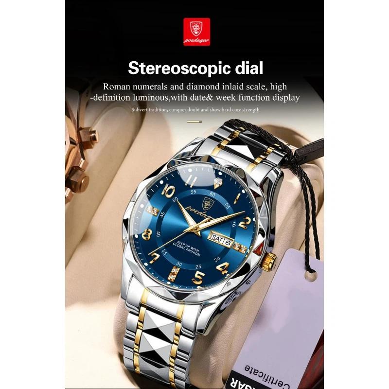 POEDAGAR Luxury Man Wristwatch Waterproof Luminous Date Week Watch Sport Stainless Steel Quartz Watches Male reloj+box