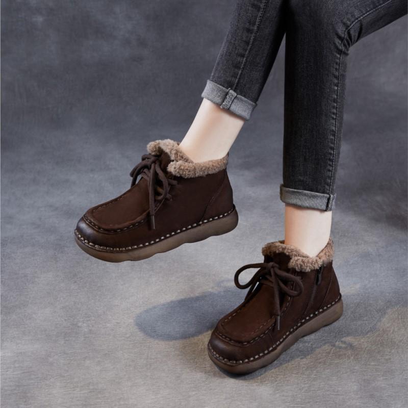 Johnature Winter Thick Plush Warm Cotton Boots Genuine Leather Retro Comfortable Soft Soled Women's Flat Ankle Boots