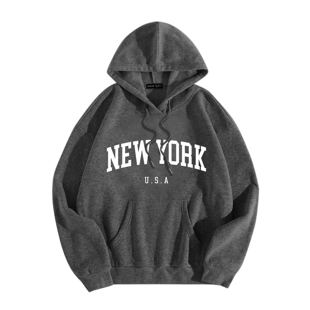 New York Letter Printrd Streetwear Sweatshirt For Men Fashion Oversized Clothing Personality Soft Letter Print Casual Hoodies
