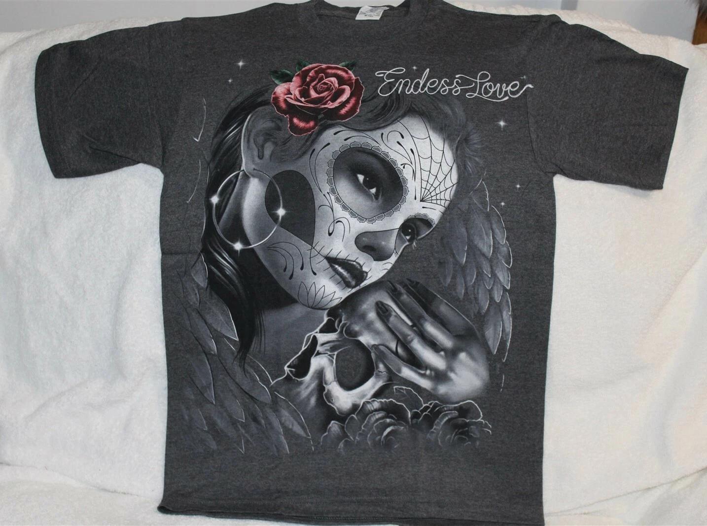 DAY OF THE DEAD WOMAN SKULL ROSE FLOWER ENDLESS LOVE CHARCOAL GREY T-shirt 4XL