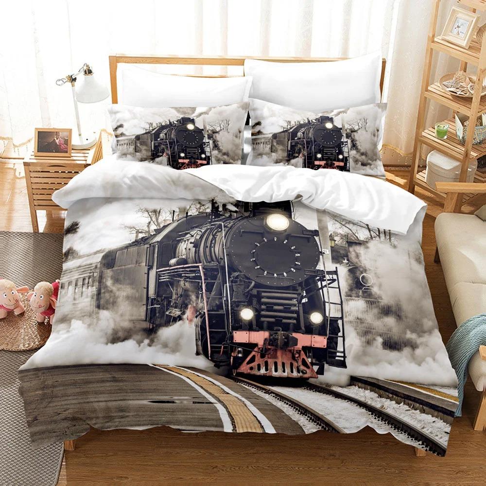 

Steam Engine Duvet Cover Set Black Smoke Vintage Locomotive Train King Queen Size Polyester Bedding Set for Kid Boy Girl EU Single(135*200cm)3pcs