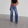 Women's Mid Rise Wide Leg Jeans Loose Fit Raw Frayed Hem Pocket Non Stretch Long Denim Trousers