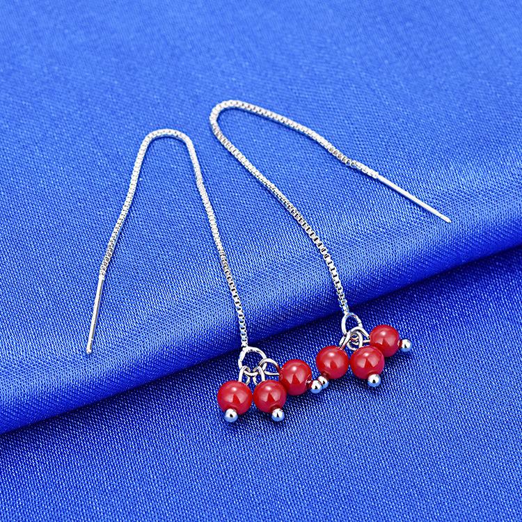 BELLA BOX Sterling Silver Needle Festive Japanese And Korean Earrings With Tassels, Long Cherry Blossom Red Bead Earrings, And Red Bean Ear Threads