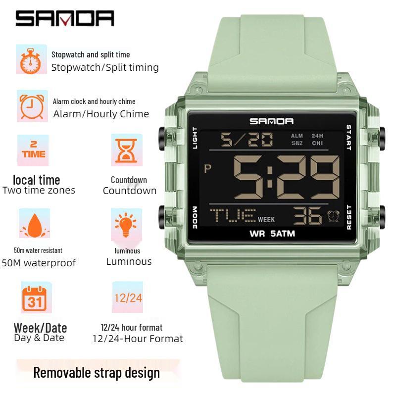 Sanda Dual Time Waterproof Transparent Sports Wristwatch with Colorful Single Display and Student Timer Function
