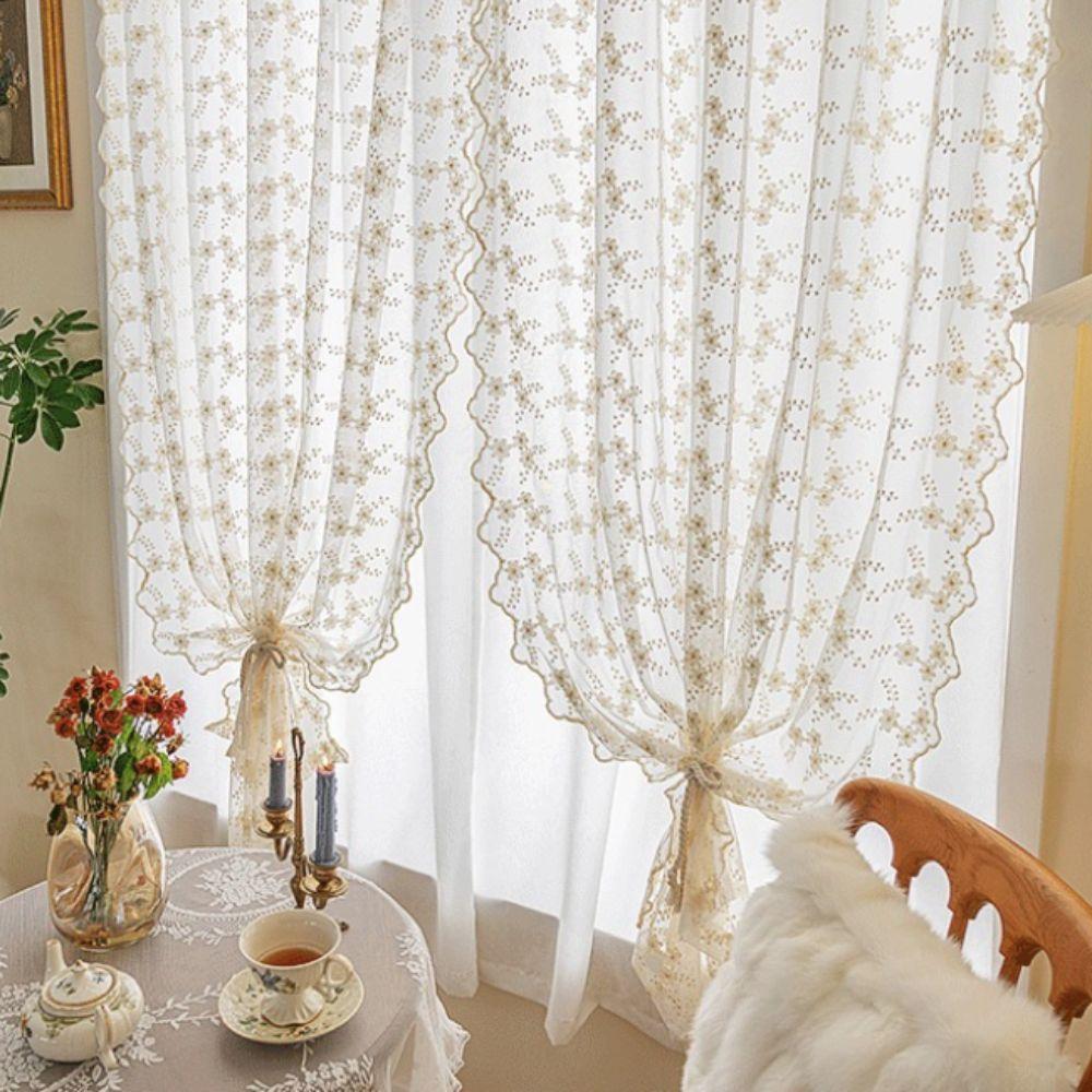 Floral Embroidery French Lace Curtains Tulle Window Shade Romantic Doorway Drape  Home Decoration