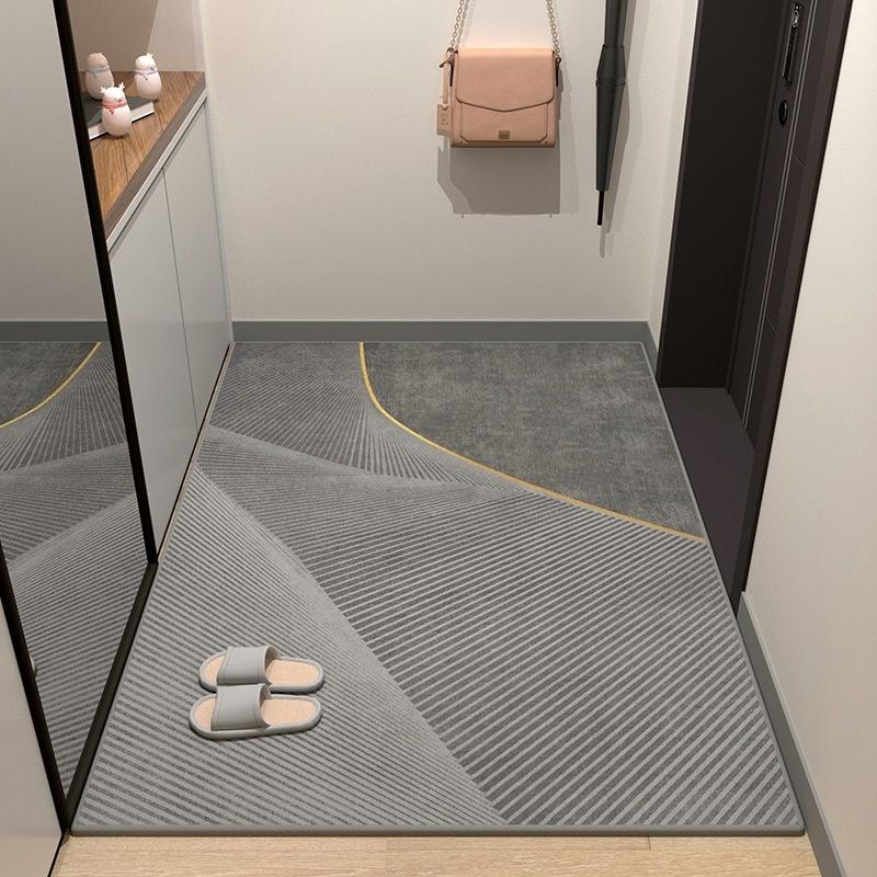 Modern Grey Radial Line Entrance Doormat Golden Curve Border Non Slip Household Entry Floor Mat