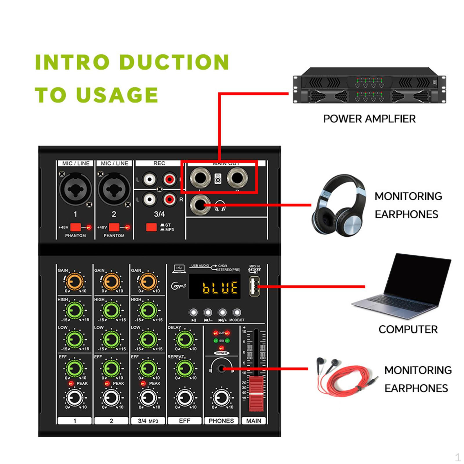 

Audio Mixer Professional 4 Channel Analog 48V Power Sounds Mixing Console Sound Controller for чорний