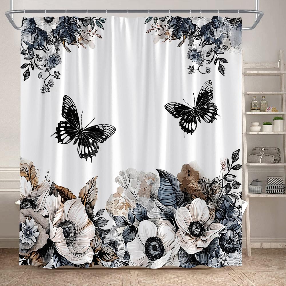 Floral Shower Curtains Watercolour Flowers Butterfly Plant Modern Minimalist Bathroom Curtain Polyester Fabric Home Decoration