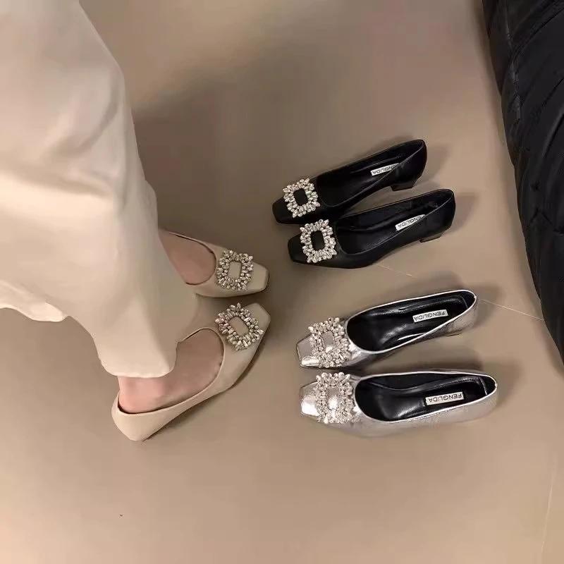 2025 Summer New Slip On Women's Square Toe Med Heel Pumps Crystal Square Button Dress Professional Shoes for Office & Career