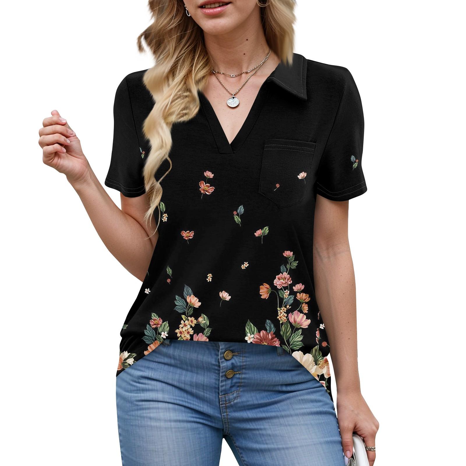 

Женские рубашки, летние деловые повседневные рабочие топы с коротким рукавом, застегивающиеся на пуговицы, воротник, V-образный вырез, блузка, футболка S чёрный