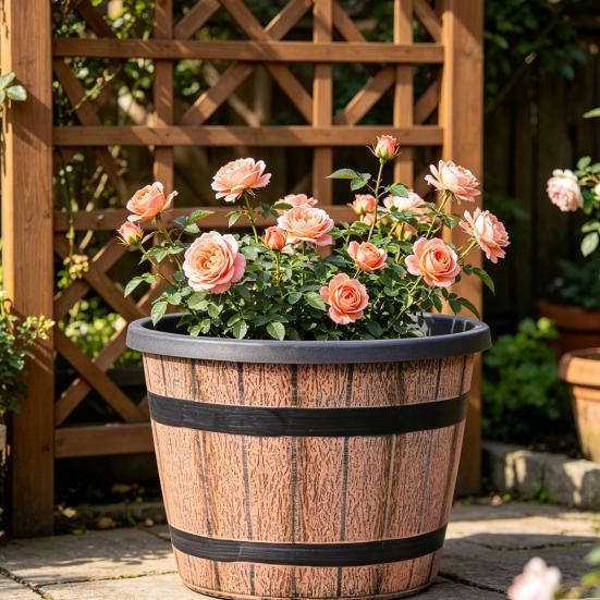 Pot de fleurs Style Tonneau Rustique Pots de Plantes avec Trous de Drainage Intégrés 8" Finition Inspirée du Plastique Marron Pot de Fleurs Extra-Large Épais pour Patio Jardin