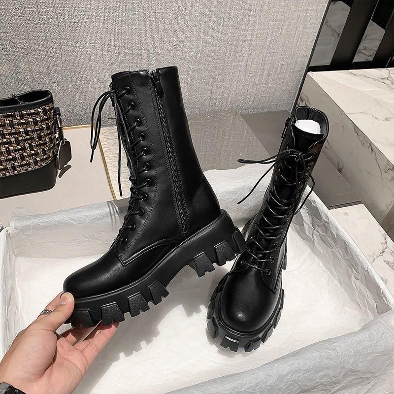 Thick-Soled British Side Zipper Round Head Versatile Martin Boots Women'S Autumn And Winter White Medium Boots Locomotive Short Boots