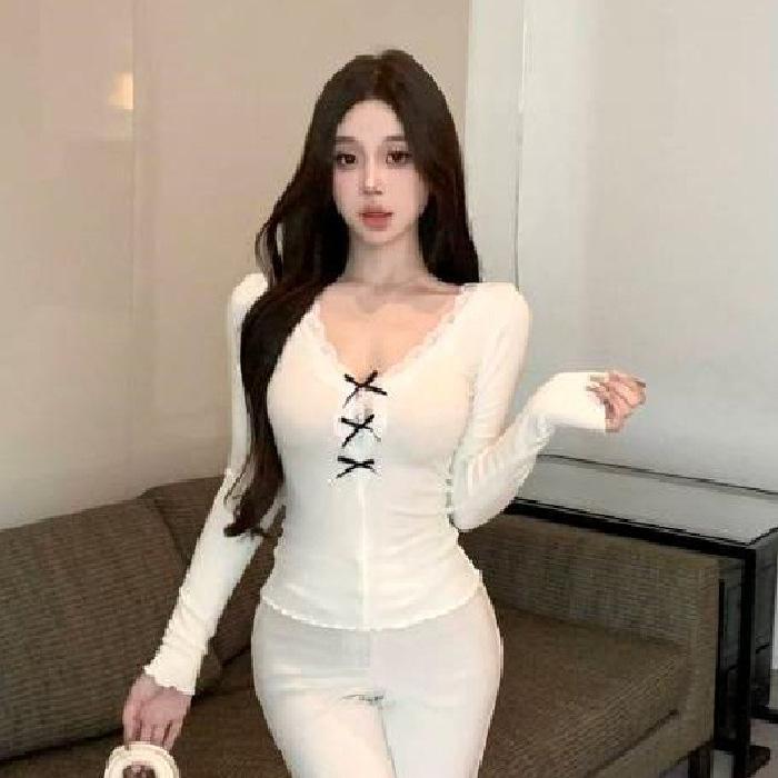 V-neck Long-sleeved T-shirt Women's Spring and Autumn New Design Bow Lace Slim-fit Spice Girl Bottoming Shirt Top