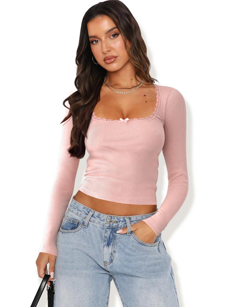 JPNTKY Women's Fashion Casual Autumn Winter Solid Color Print Long Sleeve U-Neck Blouses & Shirts