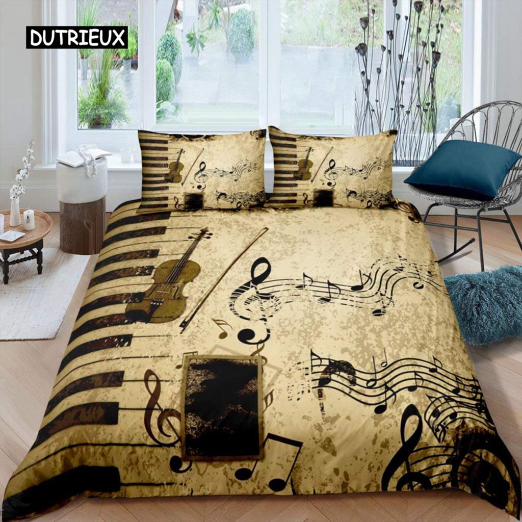 Piano Pattern Duvet Cover Microfiber Classic Music Themed 2/3Pcs Bedding Set Musical Pattern Geometric Stripe King Quilt Cover