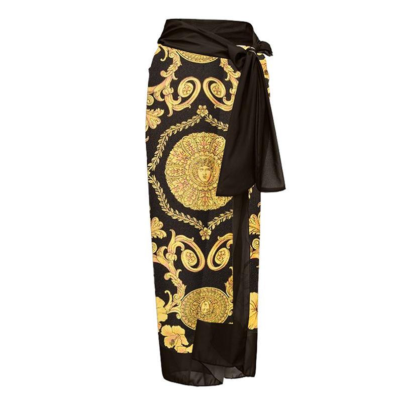 

Праздничный стиль Женский цельный принт Завязка Пляжная юбка - Европейский и американский трансграничный дизайн. One Size чёрный