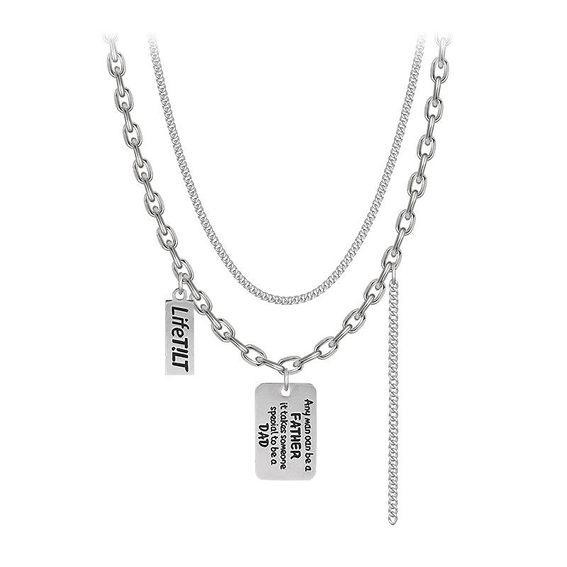 

Double-layer stacked letter square necklace, male trendy cool hip-hop collarbone chain, retro temperament sweater chain, titanium steel necklace.