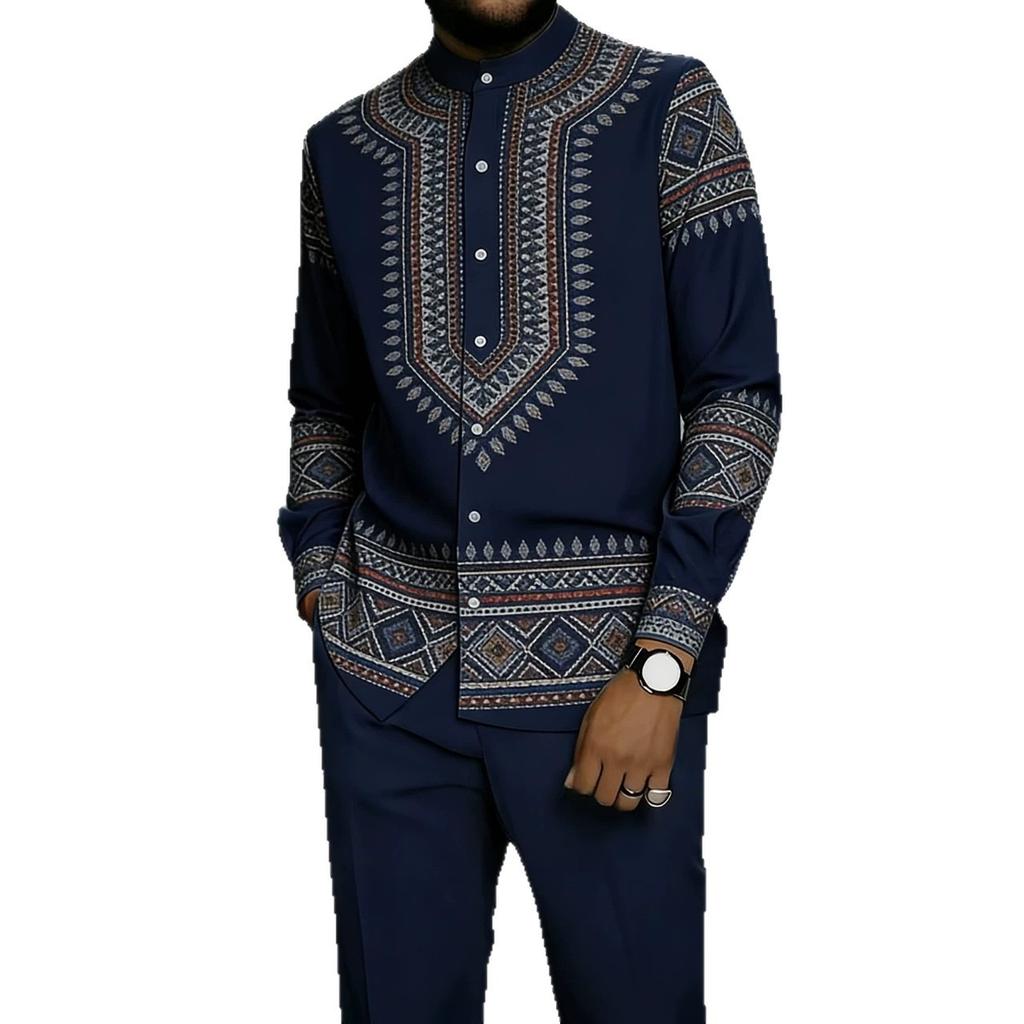 1116 Spring and Autumn Men's Men's Suit 1D Printed African Ethnic Style Stand-Up Neck Long Sleeve Pants Shirt Hugh