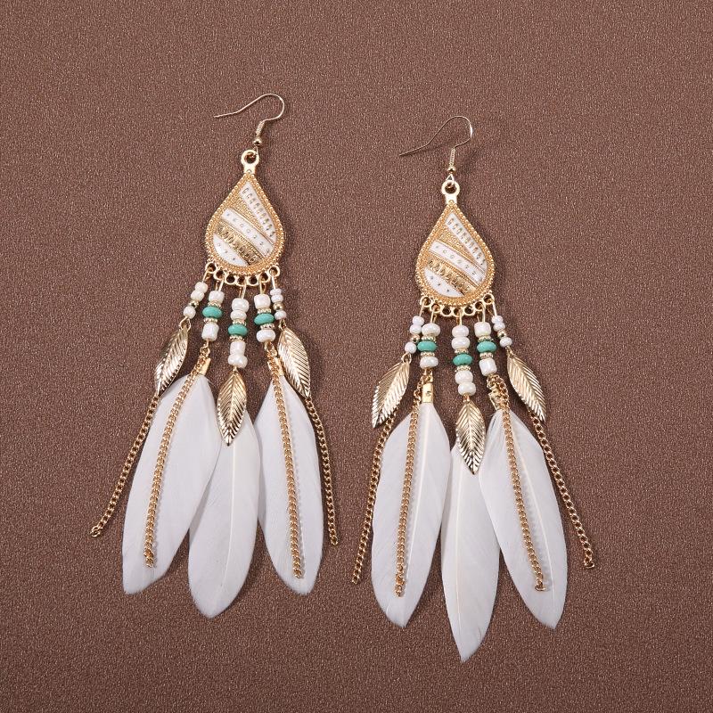 Feather Fringed Earrings Women's Water Drop Long Ethnic Style Retro Temperament Versatile Exaggerated Earrings